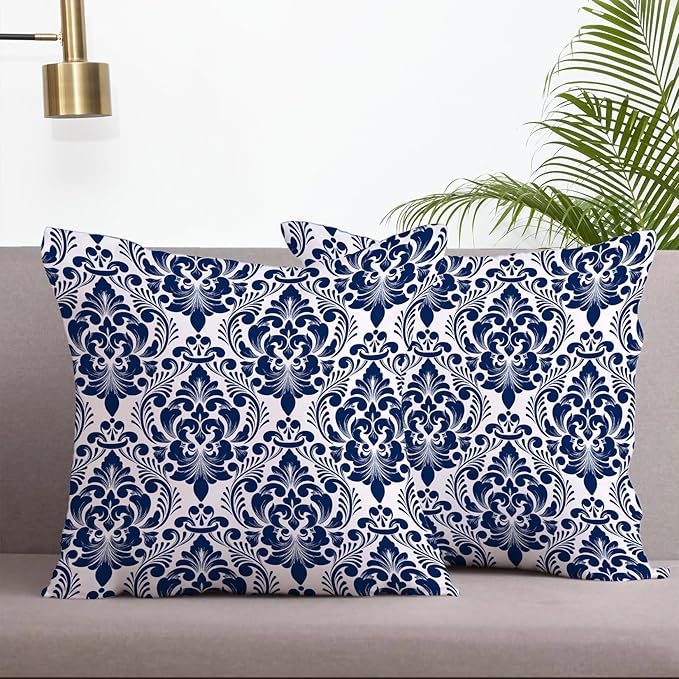 LOVOUS Navy Blue and White Damask Throw Pillow Covers 18x18 Inch Set of 2, Vintage Linen Decorative Pillow Covers for Bed Couch Sofa Bedroom Living Room Home Decor, B20