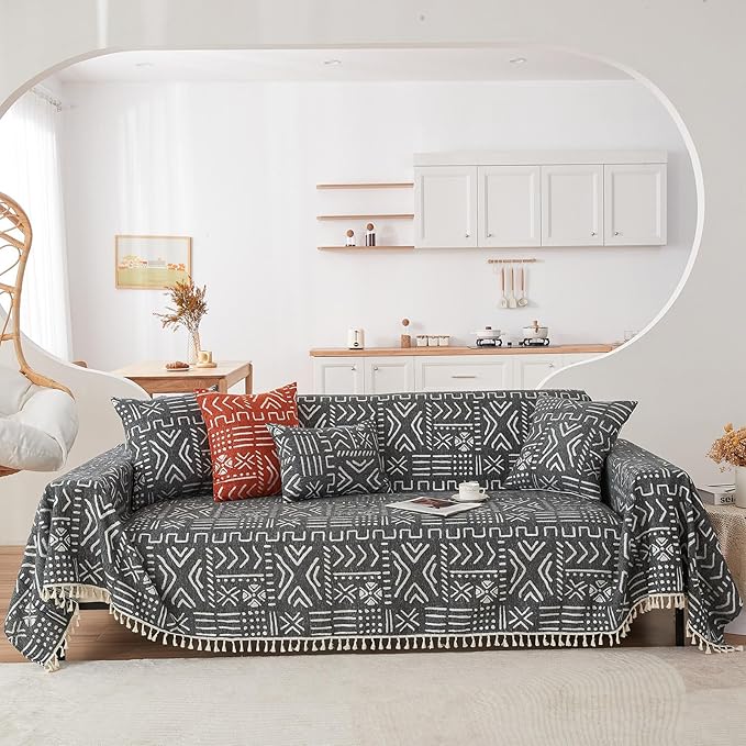 VClife Bohemian Couch Cover Sectional Sofa Cover Washable for L Shape Sofa, 1 PC Soft Chenille Couch Cover for 2 Cushion Couch - Boho Black White Jacquard Loveseat Slipcover for Couch Bed, 71" x 118"