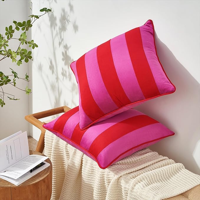 MONDAY MOOSE Decorative Throw Pillow Covers Cushion Cases, Set of 2 Soft Velvet Striped Piping Edge Designs, Pillow Inserts Not Included (Hot Pink/Red, 20x20 inch)