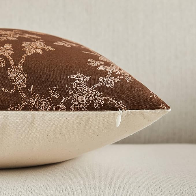 100% Cotton French Pastoral Throw Pillow Covers Set of 2, 24x24 Inch Background/Brown Farmhouse Decorative Cushion Covers for Sofa Bed Living Room Home Decor