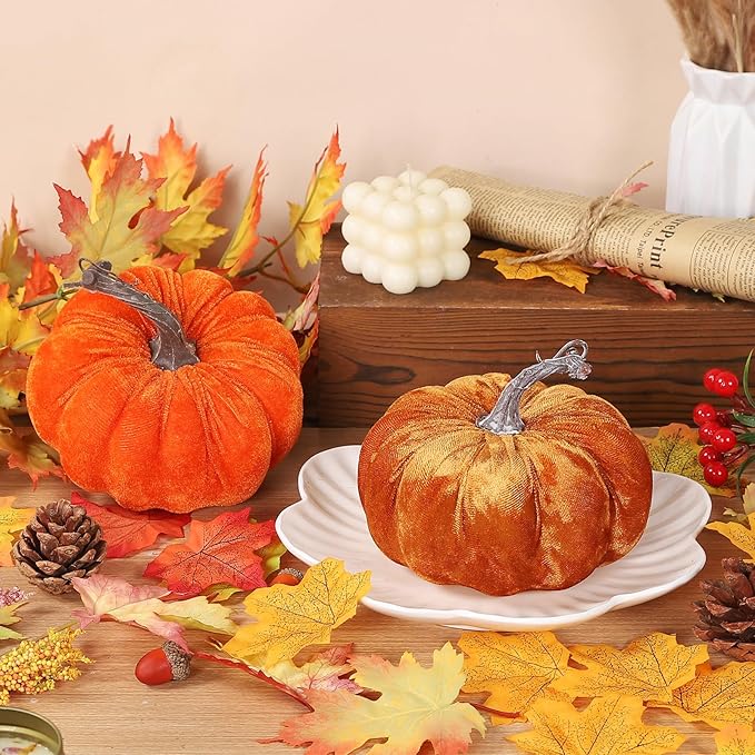 2pcs Velvet Fake Pumpkins Fall Harvest Fabric Foam Pumpkin Thanksgiving Halloween Decor for Table Centerpiece Wedding Farmhouse (2, Orange Gold, L)