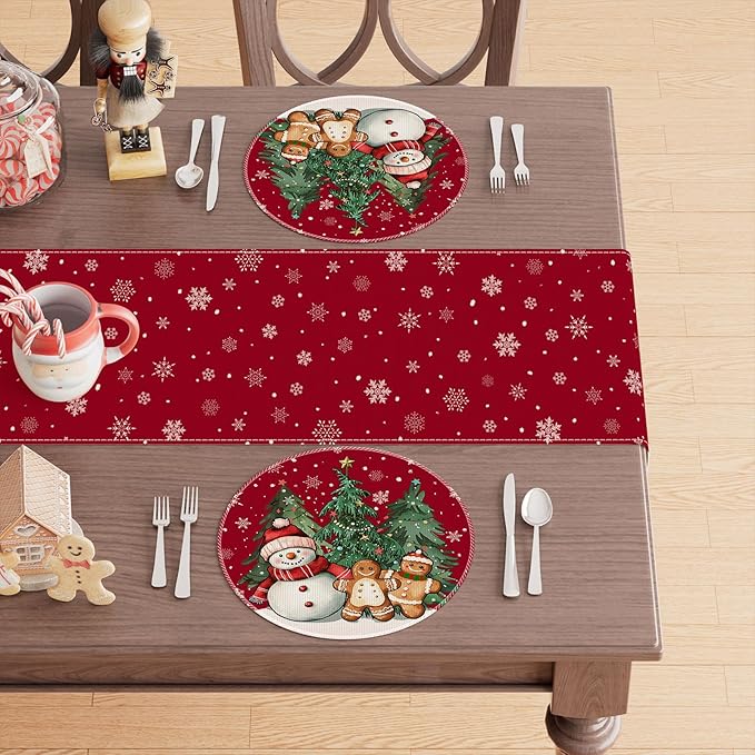 XCHI Winter Red Snowman Gingerbread Man Christmas Tree Xmas Round Placemats Set of 4 Table Mats for Party Home Kitchen Dining Table Decorations 14x14 Inch