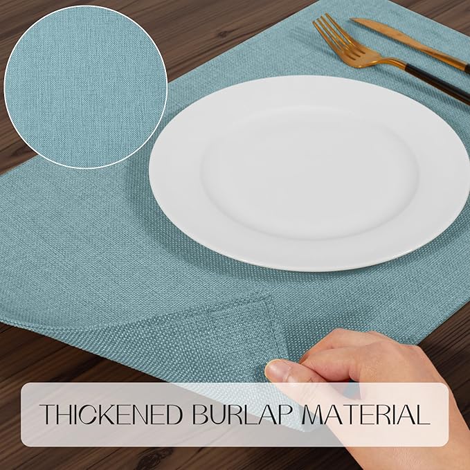 Romanstile Cloth Placemats Set of 4-12 x 18 Inch, Heat Resistant Double Layered Thickened Burlap Place Mats, Washable Linen Farmhouse Table Mats for Kitchen/Dining/Party/Outdoor, Teal
