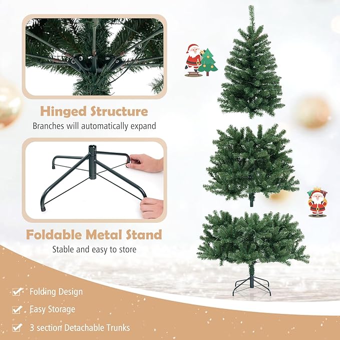 GOFLAME 6FT Prelit Artificial Christmas Tree, Hinged Xmas Tree with 568 Branch Tips, 200 Warm White LED Lights, 8 Lighting Modes, Holiday Decoration Tree for Home Office Party