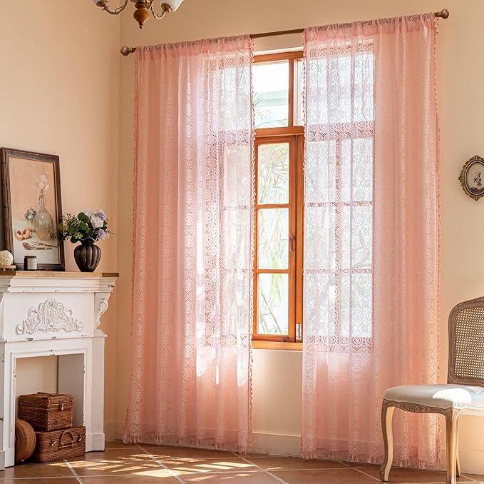 Light Pink Curtains for Girls Room 96 Inches Long 2 Panels Pretty Flower Crochet Lace Curtains with Tassel Light Filtering for Bedroom Nursery Living Room Princess Cute Boho Decor, 59x96, Pink