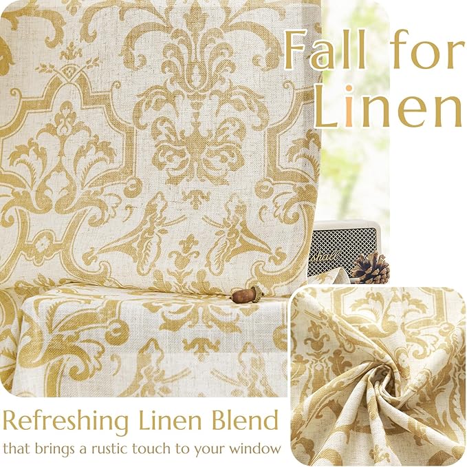 jinchan Curtains for Bedroom, Light Filtering 63 Inch Length 2 Panels Set, Farmhouse Style Linen Blend Drapes Living Room, Vintage Damask Curtains, Grommet Top Mustard Yellow on Flax, W52 X L63