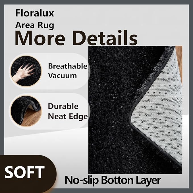 Floralux 4x6 Shag Fluffy Rug for Bedroom, Black, Area Rugs for Bedroom Living Room, Non-Slip Indoor Floor Plush Carpet for Nursery, Kids Baby Boys Teen Dorm Home Decor Aesthetic
