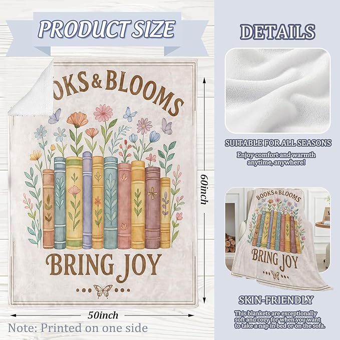 Charming Book Blanket, Floral Reading Theme 80 x 60 Inch Flannel Throw Blanket, Gifts for Women Kids, Lightweight Cozy Warm Blankets for Sofa Travel Home Decor