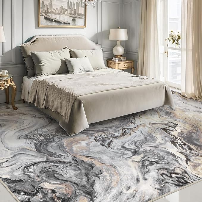 5x7 Area Rugs for Living Room, Modern Abstract Rug for Bedroom, Cream and Grey Machine Washable Rug, Large Stain Resistant Carpet for Dining Room Playroom Home Office, Pet & Kids Friendly