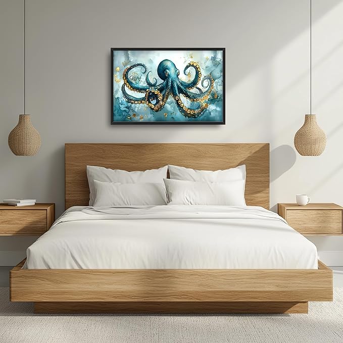 Octopus Large Decor Framed Wall Art Blue and Gold Pictures for Living Room, Ocean Nautical Oversized Canvas Print Painting Modern Extra Large Framed Artwork for Bedroom Office Home Decor 36"x24"