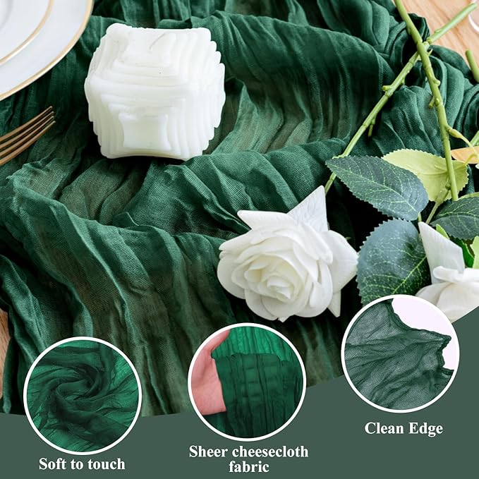 Wokceer Cheesecloth Table Runner 6Pack 10FT Emerald Green Christmas Gauze Cheese Cloth Table Runner for Party Long Rustic Sheer Table Runners for Baby Bridal Shower Wedding Easter Table Decor