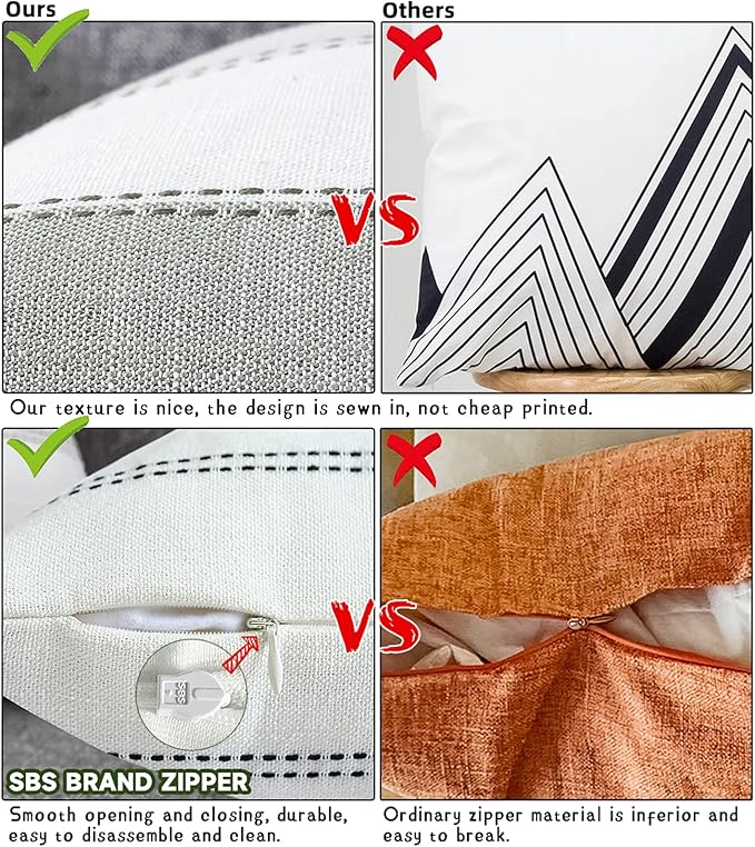 AmHoo Pack of 2 Farmhouse Stripe Check Throw Pillow Covers Set Case Cotton Linen Decorative Pillowcases Cushion Cover for Couch Bench Sofa 26x26Inch Cream