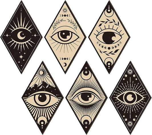 Nuenen 6 Pcs Farmhouse Home Wall Decor Western Geometric Diamond Frame Wall Hanging Boho Modern Abstract Art Prints Wooden Diamond Sign Decorations for Bedroom Living Room Bathroom(Eye Style)