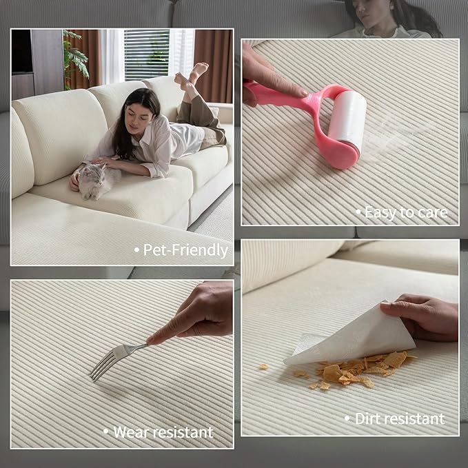 Sectional Couch Covers, Wear Resistant Stretch Sofa Covers Washable Soft Couch Cushion Covers Anti Slip Furniture Protector Sofa Slipcovers for Pets (1 Piece Large Cover, Ivory)