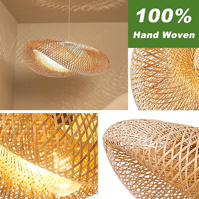 Farmhouse Bamboo Pendant Light Fixtures, Bird's Nest Shape Rattan Chandelier for Kitchen Island, Adjustable Ceiling Mount Hanging Lamp for Living Room, Dining Room, Bedroom, Entryway Decor