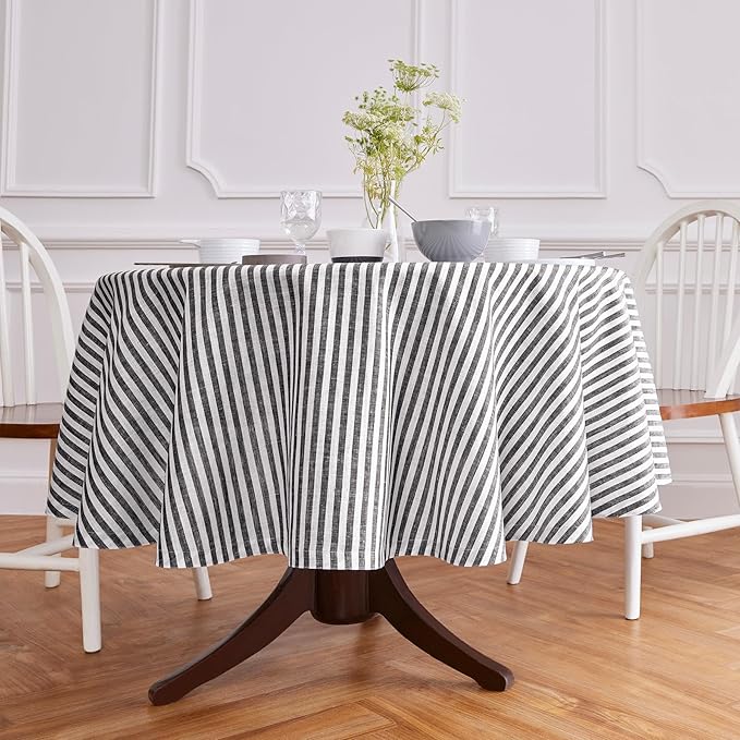 Solino Home Linen 60 Inch Round Tablecloth - Amalfi Stripe, 100% Pure Linen Black and White Round Tablecloth - Machine Washable Table Cloth for Fall, Autumn, Winter, Thanksgiving