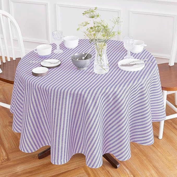 Solino Home Linen Round Tablecloth 70 Inch - Amalfi Stripe, 100% Pure Linen Violet and White Round Tablecloth - Machine Washable Table Cloth