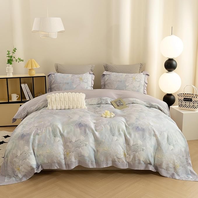 ECOCOTT Bedding 3-Piece Duvet Cover Set Queen Size – Silky Soft 100% Lyocell, Cooling & Breathable for Hot Sleepers, Misty Bloom Floral Pattern, Moisture-Wicking Luxury