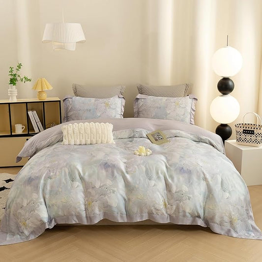 ECOCOTT Bedding 3-Piece Duvet Cover Set Queen Size – Silky Soft 100% Lyocell, Cooling & Breathable for Hot Sleepers, Misty Bloom Floral Pattern, Moisture-Wicking Luxury