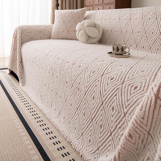 ROOMLIFE Striped Boho Pink Couch Cover for 2-3 Cushion Sofa, Fuzzy Plush Warm Sofa Slipcovers Sectional Sofas Covers, Non Slip Washable Furniture Protector Soft with Tassel,Winter 71''X118”