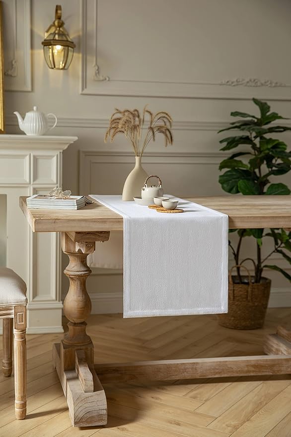 ZeeMart Burlap Style Farmhouse Table Runners 48 Inches Long, White Rustic Woven Dining Table Runner for Everyday Use, 14x48 Inches, White