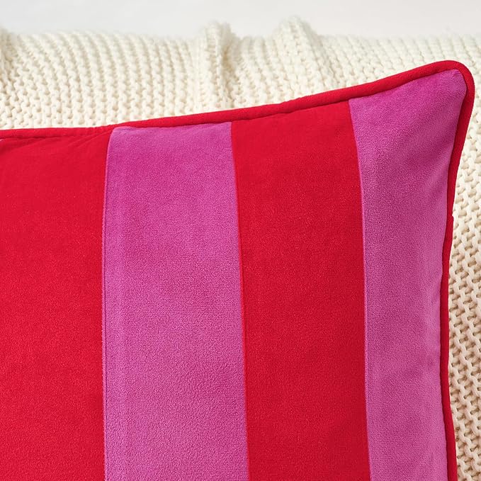 MONDAY MOOSE Decorative Throw Pillow Covers Cushion Cases, Set of 2 Soft Velvet Striped Piping Edge Designs, Pillow Inserts Not Included (Hot Pink/Red, 20x20 inch)