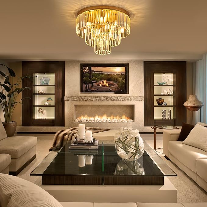 10-Light Gold Crystal Ceiling Light 21.65" Modern Crystal Ceiling Light Fixture 3-Tier Luxury K9 Crystal Flush Mount for Dining Room Kitchen Island Living Room Bedroom Entryway