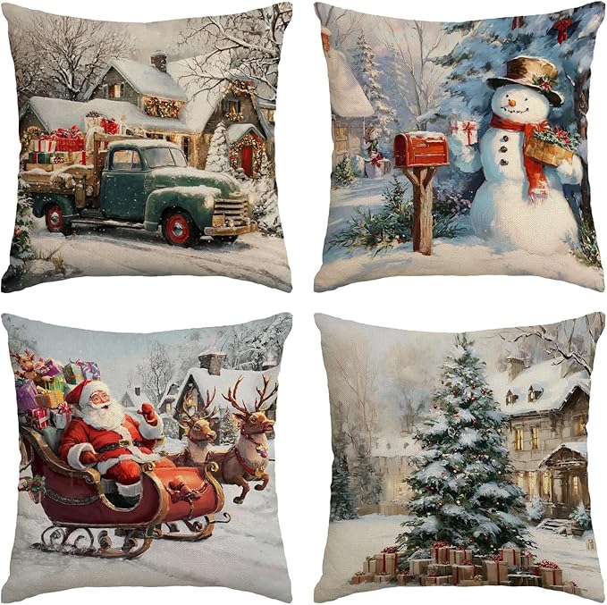 Neatee Living Christmas Pillow Covers 14x14 Set of 4 Farmhouse Vintage Xmas Throw Pillows Christmas Tree Elk Snowman Pillow CasesSofa Couch Outdoor Cushion Covers for Home Decorations (14 by 14)