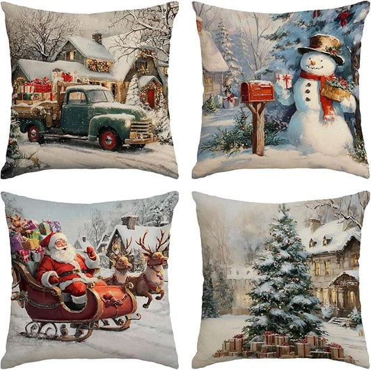 Neatee Living Christmas Pillow Covers 20x20 Set of 4 Farmhouse Xmas Vintage Throw Pillows Christmas Tree Deer Snowman Pillow Cases Outdoor Sofa Couch Cushion Covers for Home Decorations (20 by 20)