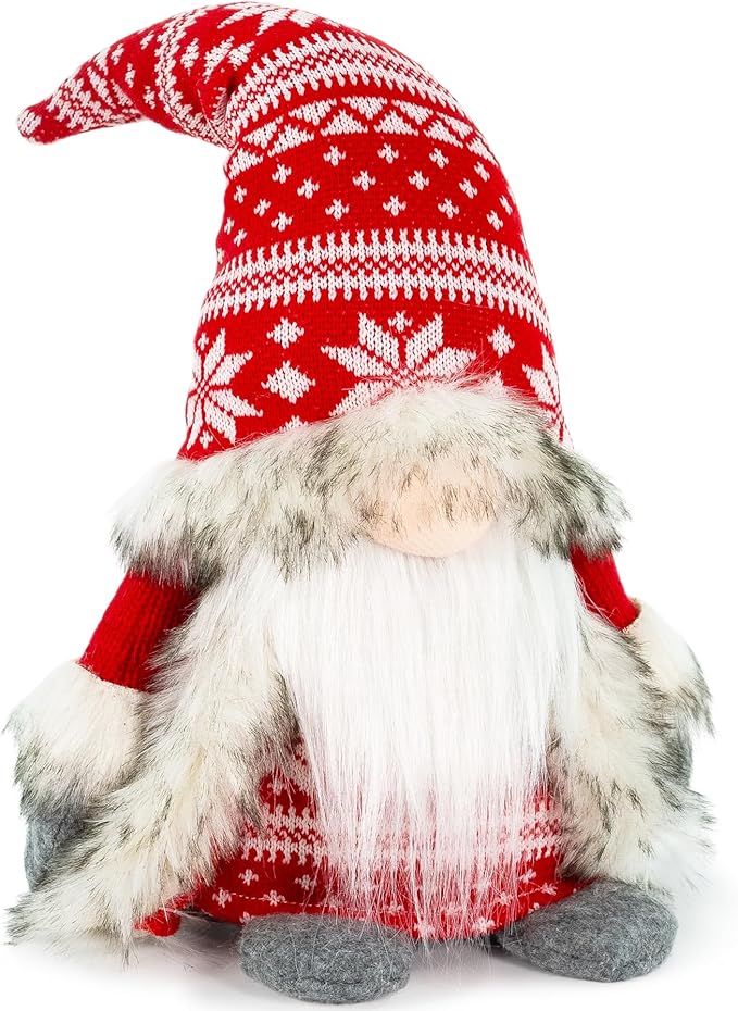 Gnomes Christmas Decorations - Red Plush Holiday Gnome Figurine with Faux Fur Cloak, Cute Nordic Tabletop Accent for Mantel, Shelf, Office or Festive Idea