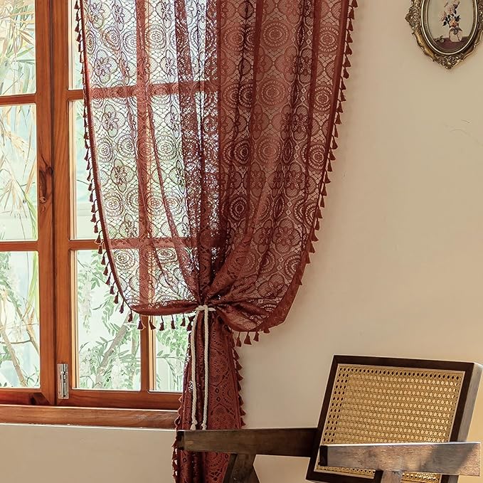 YJ YANJUN Boho Fall Kitchen Curtains 54 inch Length 2 Panels Retro Burnt Orange Sheer Lace Curtains Short with Tassels for Bedroom Bathroom Privacy & Lightweight Rod Pocket W59 x L54 Rust Terracotta