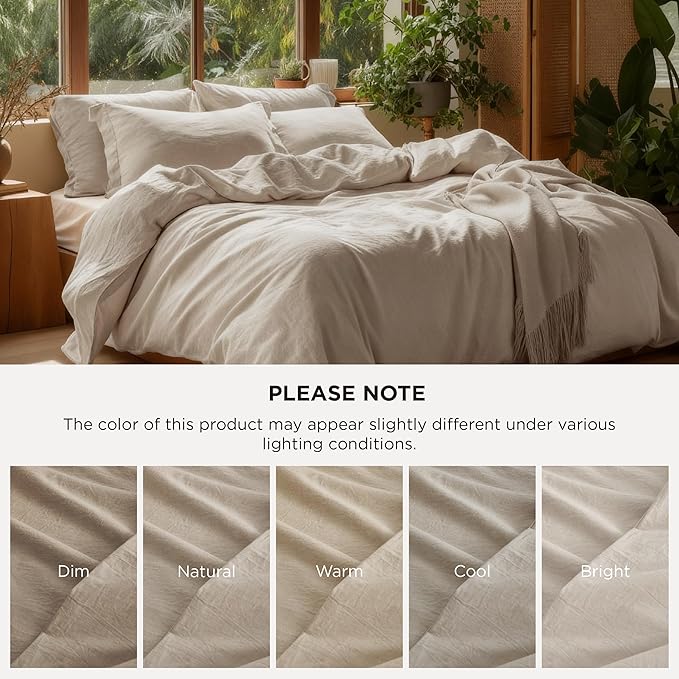 Bedsure 100% Washed Cotton Duvet Cover Oversized Queen - Oatmeal Minimalist Cotton Duvet Cover Linen Like for All Seasons - GentleSoft™ Plain Simple Bedding,Oatmeal, Oversized Queen, 98"x98"