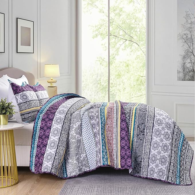 DURLENGEN Bohemian Quilt Set Queen Size 3Pcs, Purple & Teal & Yellow Stripes Design, All Season Lightweight Coverlet Sets (Queen 90x96, Purple)