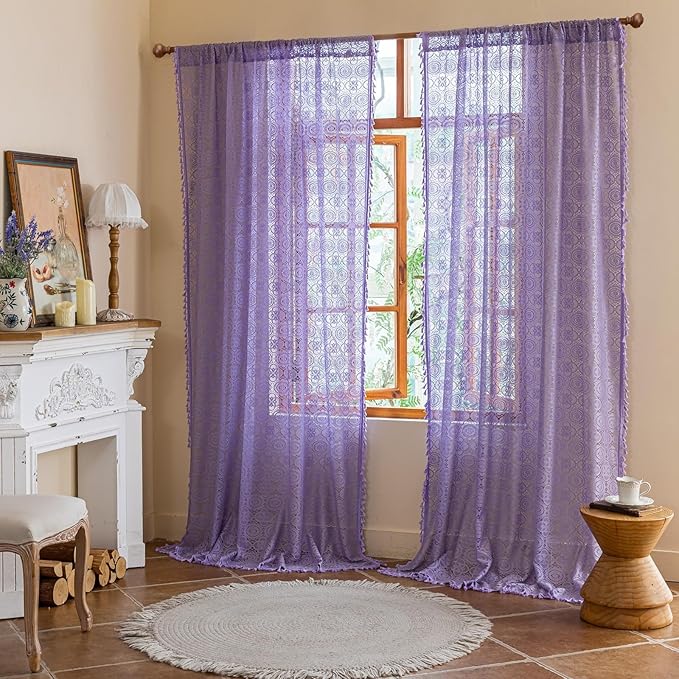 Sheer Purple Curtains 96 Inches Long Bohemian Crochet Curtains with Tassel Rod Pocket Farmhouse Lavender Flower Sheer Panels for Bedroom Living Room Elegant Home Decor 8FT 59W x 96L