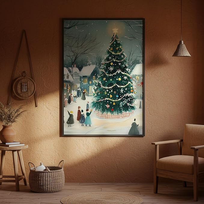 OZCONO Retro Christmas Tree Art, Winter Village Holiday Print, Cozy Seasonal Wall Artwork, Cute and Whimsical Noel Home Decor Idea, Winter Holiday Modern Farmhouse Decoration (Unframed) (12x18)