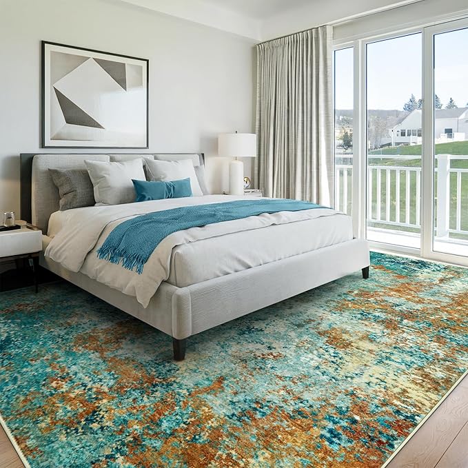 Washable Area Rug for Living Room 6x9 - Neutral Modern Abstract Rugs, Soft Non Slip Carpet with for Bedroom, Under Dining Room Table, Home, Office, Dorm - Teal Brick