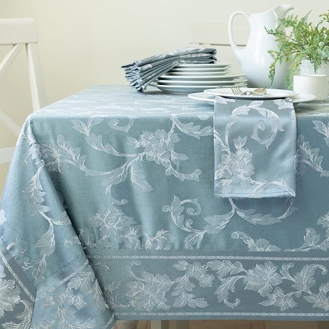 Benson Mills Harmony Scroll Woven Damask Fabric Tablecloth, Everyday, Parties, Special Occasions, Weddings and Holiday Table Cloth (60" X 144" Rectangular, Silver – Blue)