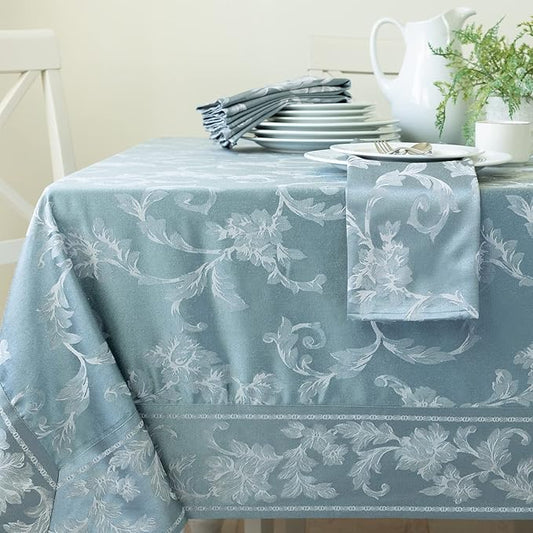 Benson Mills Harmony Scroll Woven Damask Fabric Tablecloth, Everyday, Parties, Special Occasions, Weddings and Holiday Table Cloth (60" X 144" Rectangular, Silver – Blue)