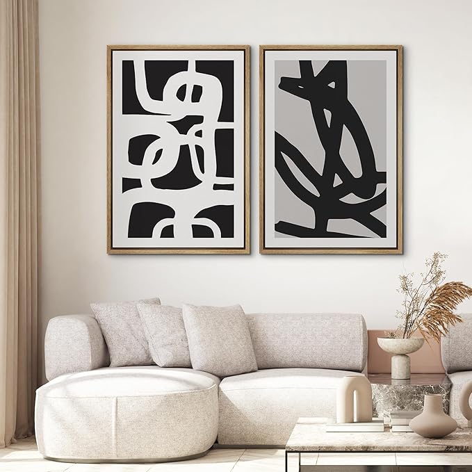 SIGNWIN Framed Canvas Print Wall Art Set Black White Geometric Dark Ring Collage Abstract Shapes Illustrations Modern Art Minimal Boho Relax/Calm for Living Room, Bedroom, Office - 16"x24"x2 Natural