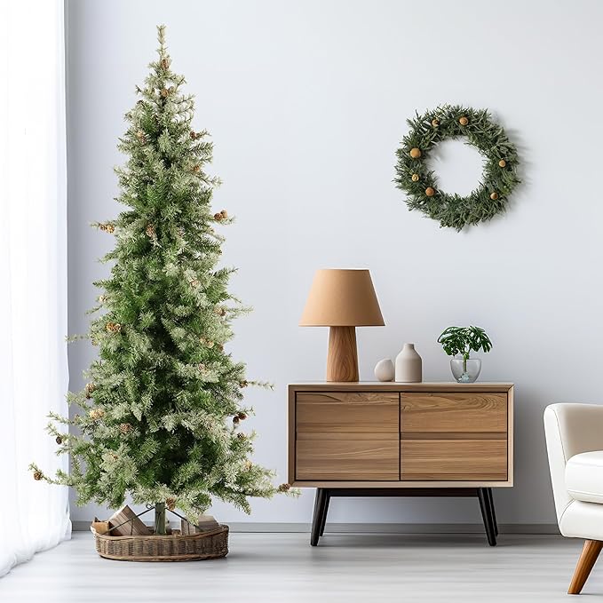Fraser Hill Farm 9-Ft. Buffalo Fir Slim Artificial Christmas Tree with Dual Multicolor & Warm White LED Lights, Prelit Foldable Fake Tree with Realistic Snowy Foliage and Pinecones for Home
