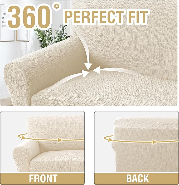 H.VERSAILTEX Jacquard Sofa Slipcover with Waterproof Seat Furniture Protector 1 Piece Stretch Sofa Covers with Elastic Bottom for Kids, Pets, Dog(Sofa, Ivory)