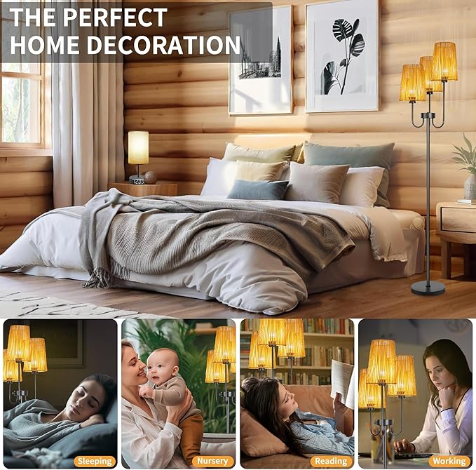 Rattan Floor Lamp for Living Room,3-Light Farmhouse Standing Lamp with Rattan Shades, 65" Tall Rustic Tall Lamps for Bedroom,Office,3 x E26 LED Bulb Included