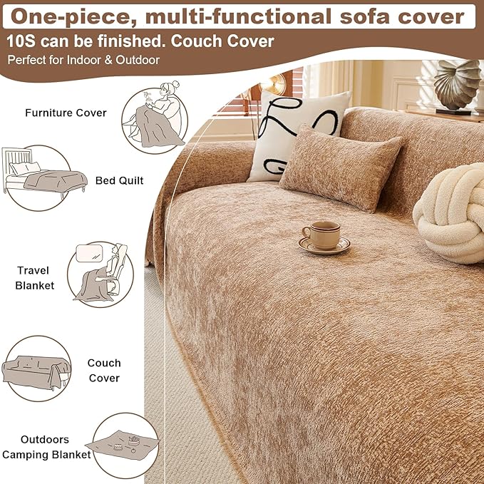 ROOMLIFE Boho Khaki Couch Cover for Dogs, Washable Non Slip Furniture Protector Couch Sofa Covers for 3 Cushion Couch, Soft Chenille Sofa Slipcovers Couch Cover Throw Blanket with Tassels 71''X150''