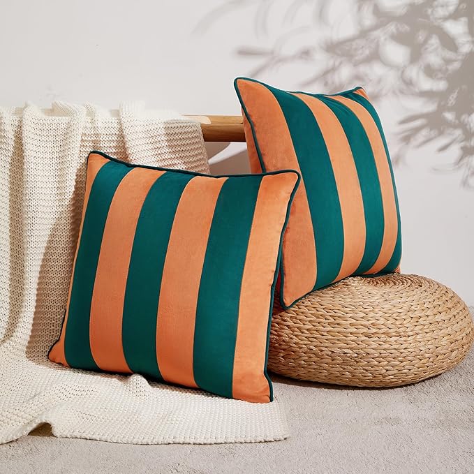 MONDAY MOOSE Decorative Throw Pillow Covers Cushion Cases, Set of 2 Soft Velvet Striped Piping Edge Designs, Pillow Inserts Not Included (Coral/Dark Teal, 20x20 inch)