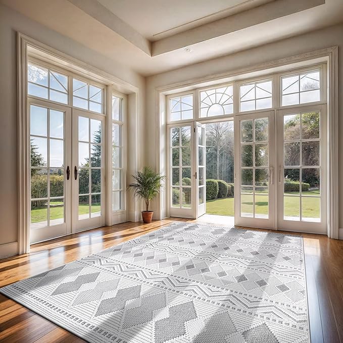 CAMILSON Micro Loop Rug 8x10 Modern Luxury Geometric Boho Diamond Area Rugs Soft High and Low Pile Stain Resistant Easy-Cleaning Non-Shedding for Living Room Office Indoor Carpet (8 x 10 / White-Gray)