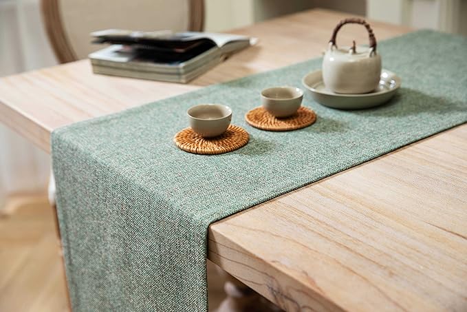 ZeeMart Burlap Style Farmhouse Table Runners 36 Inches Long, Green Rustic Woven Dining Table Runner for Everyday Use, 14x36 Inches, Mineral Green
