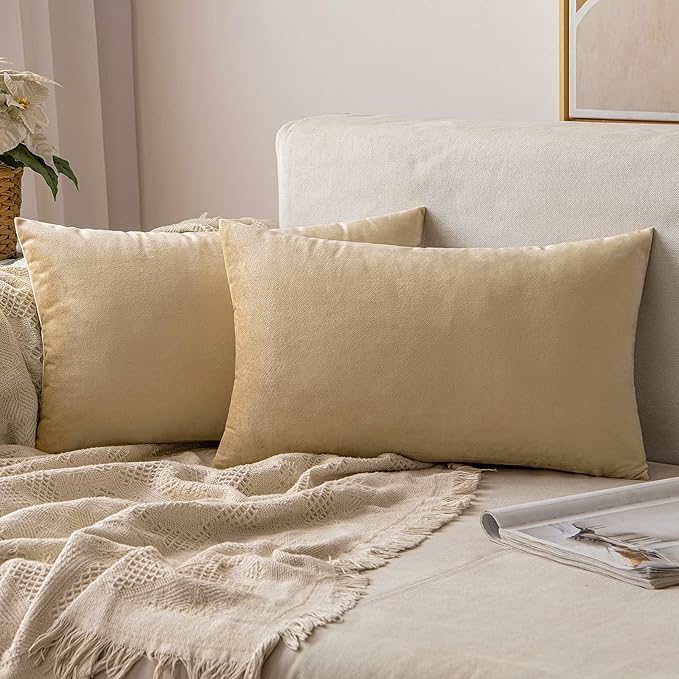MIULEE Pack of 2 Beige Velvet Throw Pillow Covers 12x20 Inch Soft Solid Decorative Set Lumbar Cushion Cases for Spring Couch Sofa Bedroom