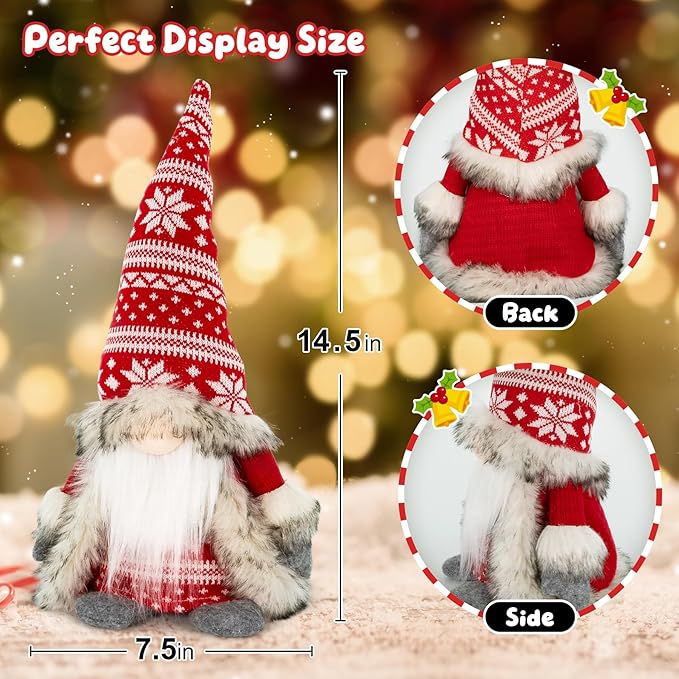 Gnomes Christmas Decorations - Red Plush Holiday Gnome Figurine with Faux Fur Cloak, Cute Nordic Tabletop Accent for Mantel, Shelf, Office or Festive Idea