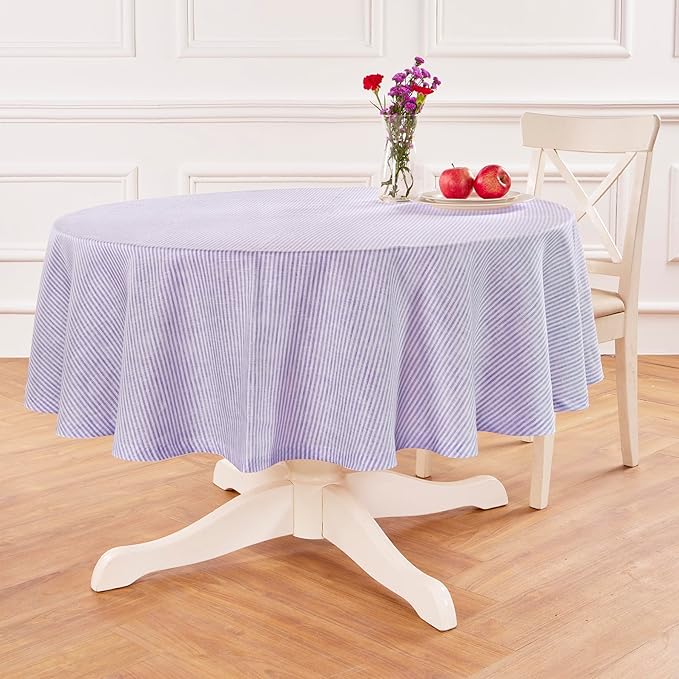 Solino Home Linen 60 Inch Round Tablecloth - Narrow Stripe, 100% Pure Linen Lavender and White Round Tablecloth - Machine Washable Table Cloth