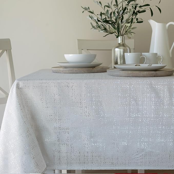 Benson Mills Gold Mine Foil Printed Fabric Table Cloth, Holiday, Winter, Thanksgiving, and Christmas Tablecloth (52" x 70" Rectangular, Gold Mine Ivory/Silver)